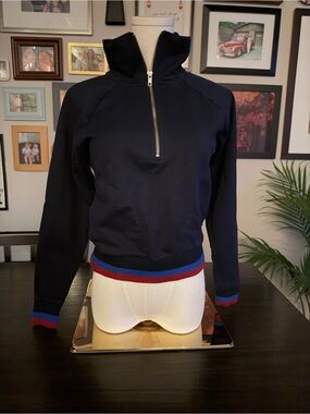J. Crew Navy Half-Zip Sweater with Red & Blue Stripe Trim